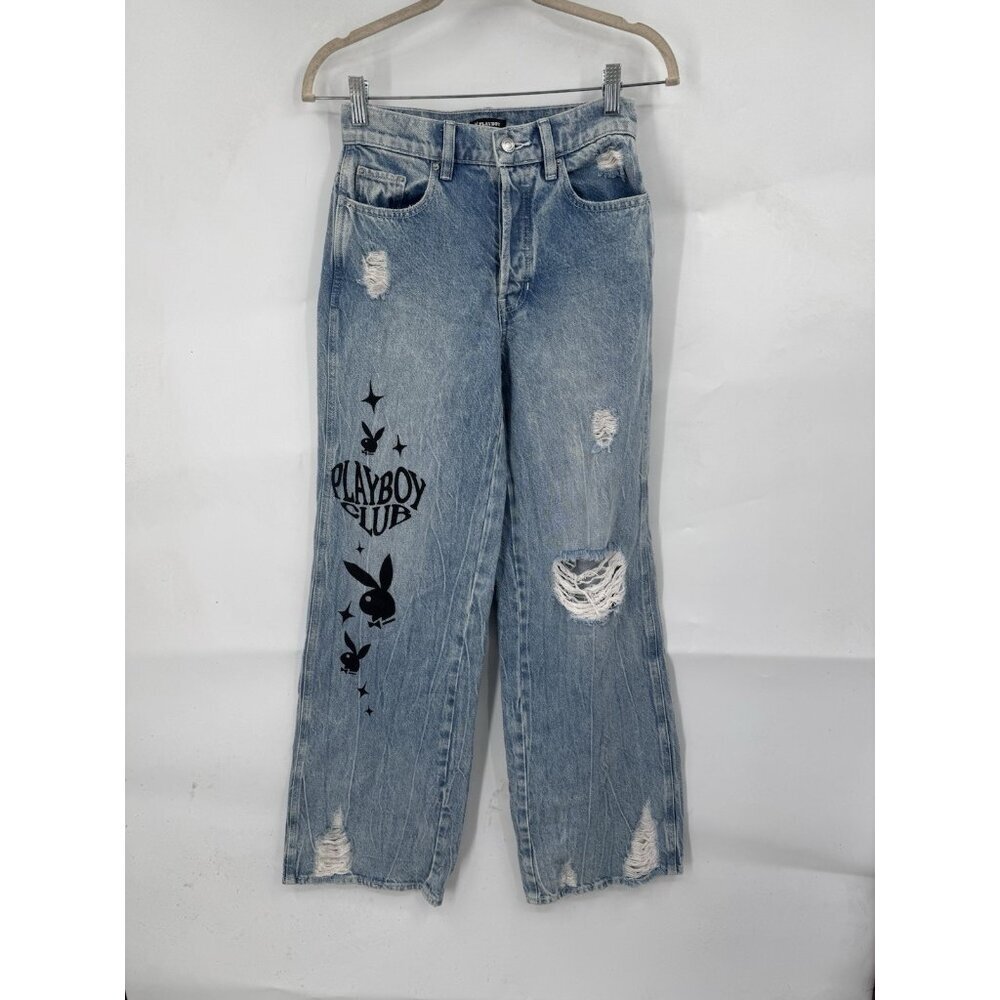 Pacsun X‎ Playboy Eco Super Distressed High Waisted Baggy Jean Women 24 Blue